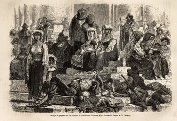 En grupp bönder och herdar samlas för att fira Stilla veckan på St Peters trappa i Vatikanen. Gravyr för att illustrera historien om Stilla veckan i Rom, 1863, av Ludovic Celler, i "Le tour du monde, nouveau journal des voyages""