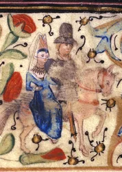 En riddare och hans dam: Fransk belysning av 1300-talet från ett manuskript av Petrarch (Francesco Petrarca). Biblioteca comunale di Rimini.