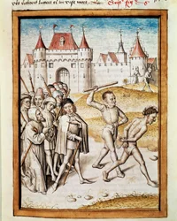 En man leds till miniatyrplåga från en tysk översättning av Bidpais fabler "Kalila (Calila) och Dimna". (ms. 1389, fol. 16) omkring 1480 Chantilly, musee Conde