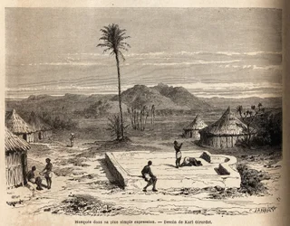 En moské i sitt enklaste uttryck, i en by nära Abu Hamed, vid Nilens strand. Gravyr för att illustrera resan till östra Sudan, 1848-1860, av M. Tremmeaux, i "Le tour du monde, nouveau journal des voyages", publicerad under direkt