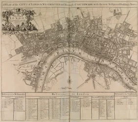 En plan över staden London, Westminster, stadsdelen Southwark och floden Themsen