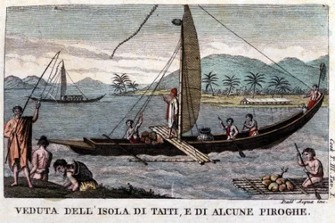 En polynesisk swingkanot på Tahiti. Ombord ett lass kokos- och brödfrukter. Litografi från 1800-talet