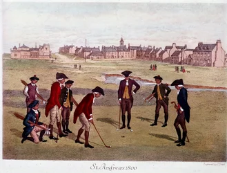 En golfrunda med brittiska herrar på St. Andrews i Skottland 1800, där spelet skapades. Litografi av 1800-talets Paris, dekorativ konst