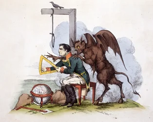 En scen på ön Elba: Napoleon framför en galge med djävulen - i "" Napoleon 1st, karikatyrer, dummy-samling", ca. 1814