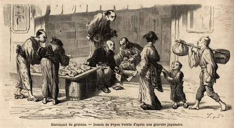 En fröhandlare mitt på gatan. Gravyr för att illustrera resan till Japan, 1863-1864, av Aime Humbert, minister för Schweiziska edsförbundet, i "Le tour du monde, nouveau journal des voyages"" publicerad under ledning av Edouard Charton