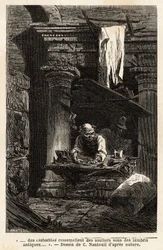 En skomakare, som inrättade sin butik och arbetar i forntida ruiner. Engravure pour illustrrer le voyage à Rome, av Francis Wey, 1864-1868, publicerad i "" Le tour du monde""" 1869, redigerad av Edouard Charton, upplaga Hachette, Paris. Selva samling.