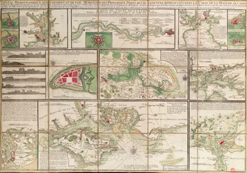 En tabell med uppgifter om de viktigaste hamnarna som finns representerade på kartan över Engelska kanalen, ca 1780 (papper, linne)