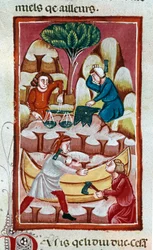 En handlare som använder en våg, en smed som slår mot ett städ, två arbetare som arbetar på en båt på ett varv. Miniatyr hämtad från "" The Facts of the Romans""" Venedig från 1200-talet, biblioteca Marciana