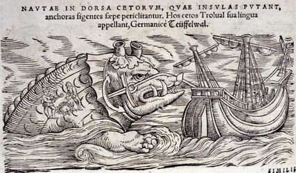 En val som förväxlas med en ö. Två personer tänder en eld på baksidan av ett marint monster. Gravyr och Historia Animalium av Conrad Gessner (1516-1565), Tiguri