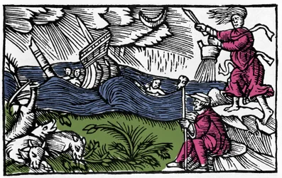 En häxa orsakar tempet efter "History of the northern nation" av Olaus Magnus, Rom 1555
