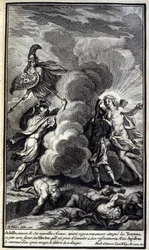 Achilles, täckt med sina nya vapen, efter att ha angripit trojanerna rigoröst, kastade han sig med raseri över Hector, som han var redo att slakta till sin förbittring, men Apollon täckte honom med ett tjockt moln för att befria denna fara. Illustration av