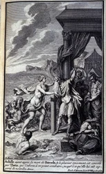 Achilles, som har hört talas om Patrokles död och gråtit honom bittert, tröstas av Thetis, som uppmanade honom att inte slåss, tills hon förde honom nya vapen." Illustration av bok XVIII av Iliaden av Homere, fransk upplaga