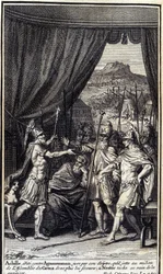 Akilles, irriterad mot Agamemnon, svär vid sin spira att han kastar mitt i grekernas församling för att inte hjälpa dem; och Nestor fläckar förgäves för att blidka dem. Illustration av bok I av Iliaden av Homere, fransk upplaga