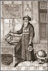 Adam Schall, astronom (1592-1666) i mandarin-dräkt, med jord- och himmelsklot och astrolabium - i "Kina" av Athanase Kircher (eller Athanasius Kircheri)