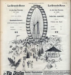 Reklam för pariserhjulet i Paris som erbjuder stadens vackraste panorama för 1 franc. Gravyr i "" Le sun-du-dimanche""