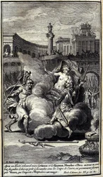 Efter en högtidlig överenskommelse mellan grekerna och trojanerna inledde Menelas och Paris en enastående strid. Den här, redo att ge efter under den andras slag, räddas av Venus som vinner Troyes i ett moln. Illustration av bok III av Iliaden av hemmet