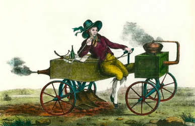 Jordbruk: plöjningsscen med ångmaskin 1834. Anonym gravyr från 1834. Privat samling