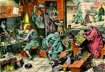 Alchemy Laboratory En alkemist som konsulterar en grimoire. Gravyr av 1500-talets privatsamling