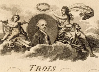 Allegory of Franz Joseph Haydn (1732-1809) på partiturens titelsida för Three Quartets, Opus 75, Book I