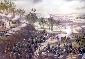 Amerikanska inbördeskriget (1861 - 1865): Slaget vid Resaca (Georgien) 13-15 maj 1864. Gravyr från 1800-talet.