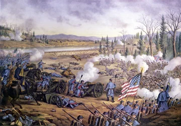 Amerikanska inbördeskriget (1861 - 1865): Slaget vid Stones River eller andra slaget vid Murfreesboro, Tennessee 31 dec 1862-02 januari 1863. Gravyr från 1800-talet.