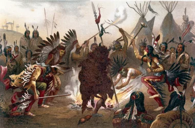 American Indian Ritual (Southern Dakota Plains Indians): Sioux War Dance. kromolitografi från ""The human race"" av Ratzel, cirka 1890