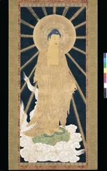 Amitabha (Amida) Triad Descending From Heaven (pigment på konshi (blått rispapper))