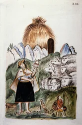 En indisk herdinna nära sin hydda med sin flock, från boken "Trujillo del Peru" eller "Codex Martinez Companion", av Baltazar Martinez Companion och Bujanda, biskop av Trujillo (1782-1785)