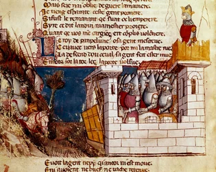 En armé (från kungen av Pamplona?) tar sin tillflykt till ett slott och klättrar upp på miniatyrbron Levis från "" Entrree of Spain"". 1300-talets Venedig, Biblioteca Marciana.
