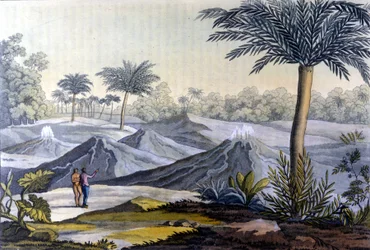 En urbefolkning visar i Humboldt vulcancitos nära Turbaco i Ecuador. Från boken av Alexander Von Humboldt (Alexandre de Humboldt
