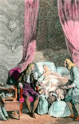 En observatörsläkare En kvinna som är sjuk eller redan död är omgiven av sin familj och läkaren. Barnen gråter. Gravyr omkring 1780. Paris, Medicinska Akademien