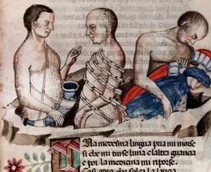 Jätten Antaeus sänker Dante och Vergilius på den frusna marken i cirkeln av förräderi (sång 31 från helvetet, i den gudomliga komedin) - miniatyr 1400-talet