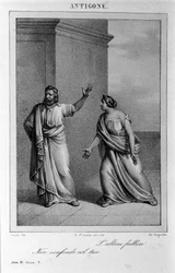 Antigone Akt 4, scen 5. Italiensk tragedi av Vittorio Alfieri skriven 1783 efter grekisk mytologi. Gravyr av 1700-talet.