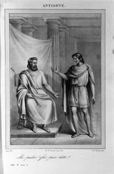 Antigone Akt II, scen 1. Italiensk tragedi av Vittorio Alfieri skriven 1783 efter grekisk mytologi. Gravyr av 1700-talet.