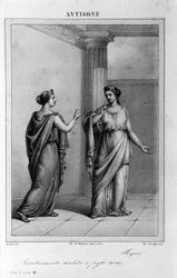 Antigone Akt I, scen 3. Italiensk tragedi av Vittorio Alfieri skriven 1783 efter grekisk mytologi. Gravyr från 1700-talet.