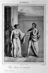 Antigone Akt I, scen 3. Italiensk tragedi av Vittorio Alfieri skriven 1783 efter grekisk mytologi. Gravyr av 1700-talet.