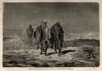 Arabiska beduiner, panterskinns- och fårullshandlare, på väg till Bagdads marsch (Irak). Gravyr för att illustrera resan till Babylon, 1866, av Guillaume Lejean, i "Le tour du monde, nouveau journal des voyages"" publicerad under den förfärliga
