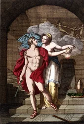 Arianne ger Theseus tråden så att han kan ta sig ur labyrinten - i Dizionario mitologico
