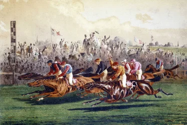 Ankomst av en hästkapplöpning. 1800-talsillustration.