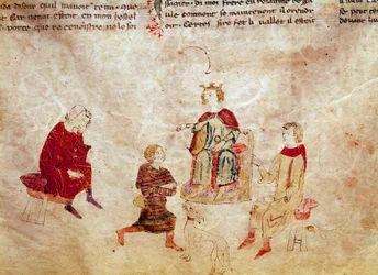 Arthurian Legend: "" Kung Arthur på sin tron omger sina rådgivare"" Miniatyr från "" Meliadus, bror till Tristan"" 1300-talets Venedig Biblioteca Marciana
