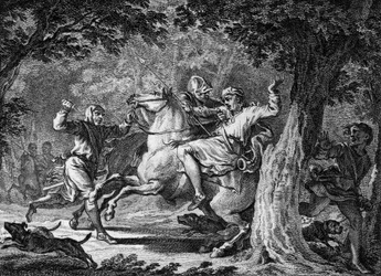 Mordet på Childerik II, 675: frankernas kung (omkring 653-675) dödades i Lognesskogen av Bodillon, en herre som han hade låtit piska. Gravyr från 1700-talet.