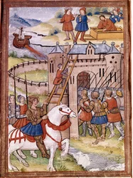 Överfall på ett slott. Avsnitt av 100-åriga kriget. 1500-talsmanuskript. Victoria and Albert Library, London.