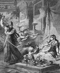 Assuerus 1er (Xerxes 1er) upptäcker Aman (Haman) vid Esters fötter.