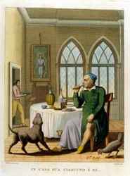 "Hem är alla kungar." Illustration från en samling ordspråk från 1700-talet