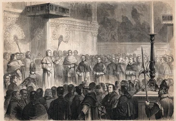 Audiens gavs av påven Pius IX (Pio) (1792-1878) till utländska kyrkliga i Sixtinska kapellet (cappella sistina) i Rom med anledning av firandet av helgonförklaringen av de 26 "martyrerna av Japan", en grupp katoliker som korsfästes i Japan 1597