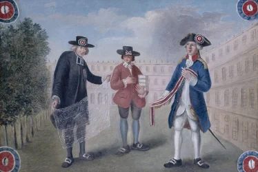 Till de tre stånden. Skylt för en kokardhandlare i Palais-Royal. Palais-Royal