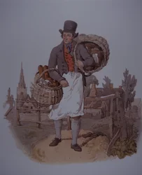Bagare levererar bröd, tidigt 1800-tal (färg litho)