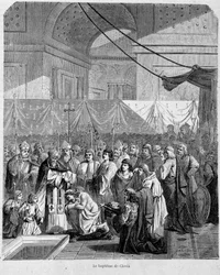 Bapteme of Clovis av Anastase II i katedralen i Reims den 25 december 498 - i "Histoire des popes"", vol. 1, Maurice Lachatre.