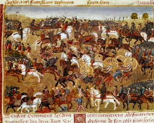 Battle Scene Miniature från "" Boken av fakta om Alexander den store"" av Quintus Curtius Rufus (1:a århundradet)