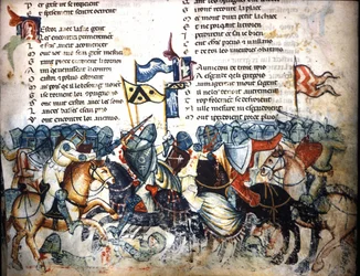 Stridsscen. Miniatyr ur ”Roman de Troie” av Benoît de Sainte-Maure. 1300-talet, Biblioteca Marciana, Venedig.